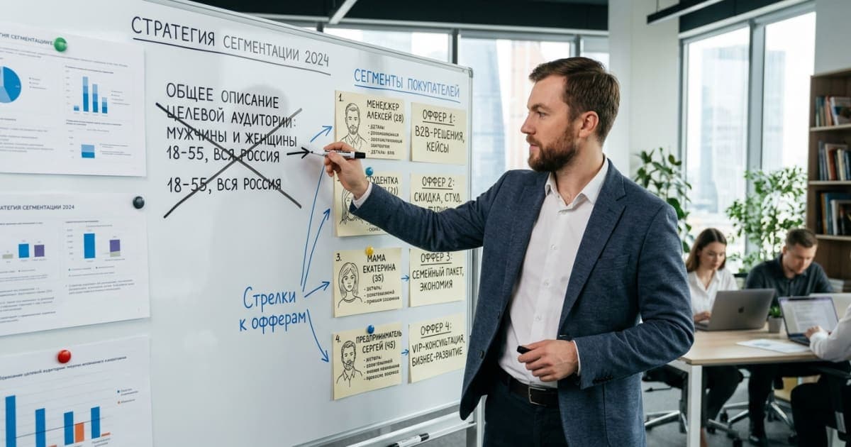 Маркетолог у доски перечеркивает общее описание аудитории рядом с четырьмя карточками сегментов