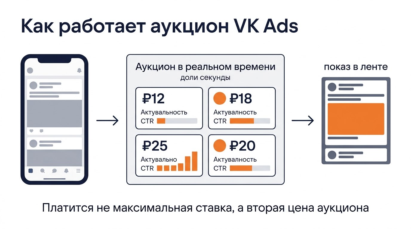 Схема работы аукциона VK Ads: как алгоритм выбирает победителя и рассчитывает цену показа