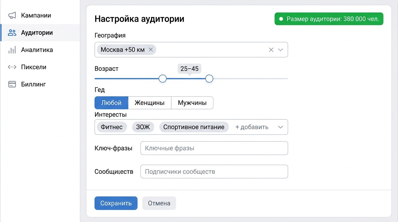 Этап выбора целевой аудитории при настройке рекламной кампании в VK Ads: гео, возраст, интересы, размер охвата