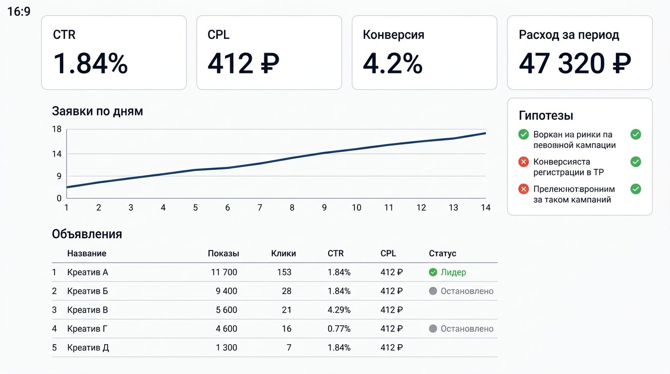 Дашборд анализа результатов рекламной кампании в VK Ads: CTR, CPL, конверсия и динамика заявок по дням