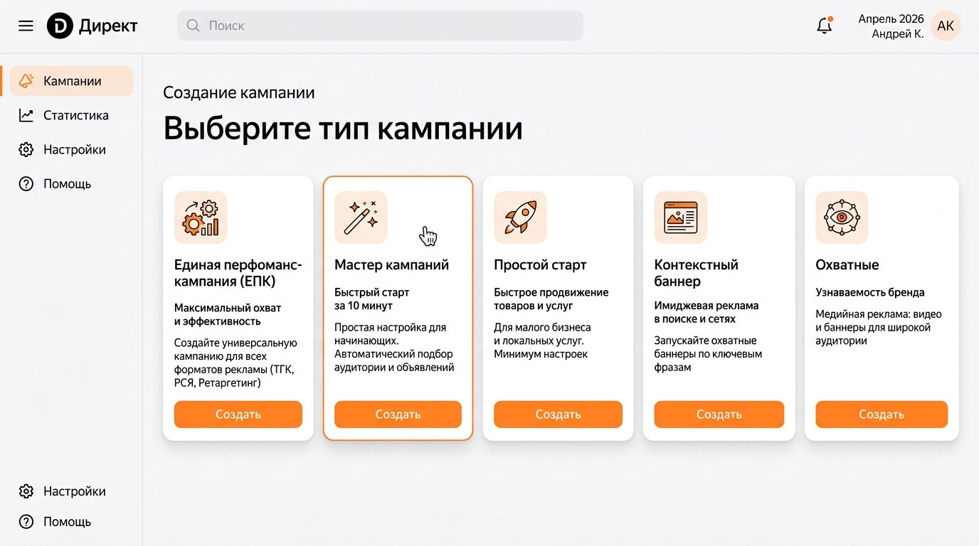 Интерфейс выбора типа рекламной кампании в Яндекс Директе 2026