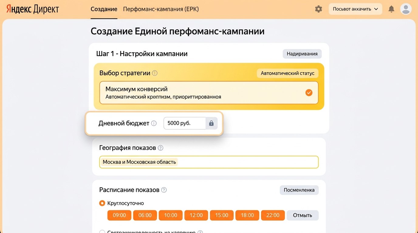 Окно создания ЕПК-кампании в Яндекс Директе — блок общих настроек
