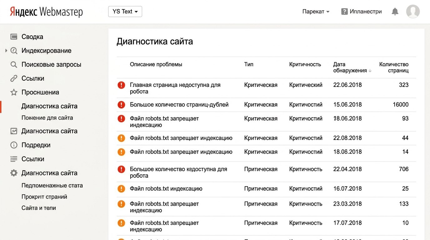 Скриншот Яндекс Вебмастера: критичные ошибки индексации сайта в разделе Диагностика