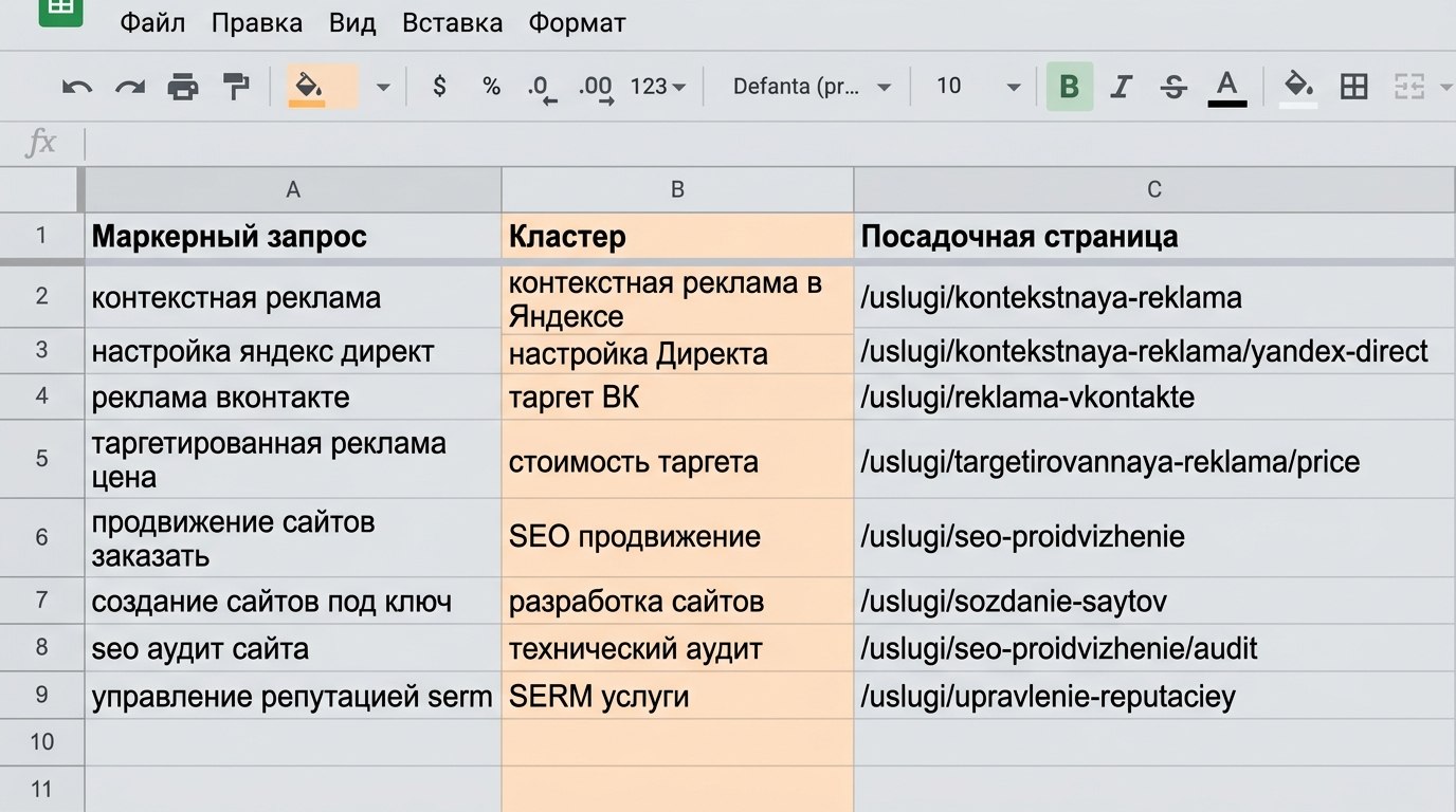 Пример таблицы кластеризации SEO-запросов: маркер, кластер и посадочная страница