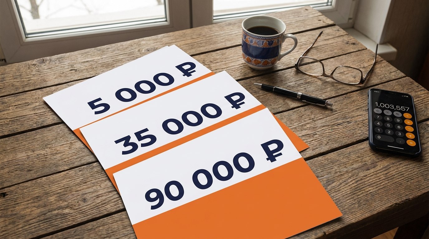 Три коммерческих предложения на настройку Яндекс Директа с ценами 5 000, 35 000 и 90 000 рублей на столе — наглядный разброс стоимости
