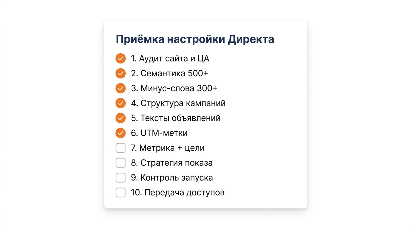 Чек-лист приёмки настройки Яндекс Директа — 10 пунктов от аудита сайта до передачи доступов к рекламному кабинету